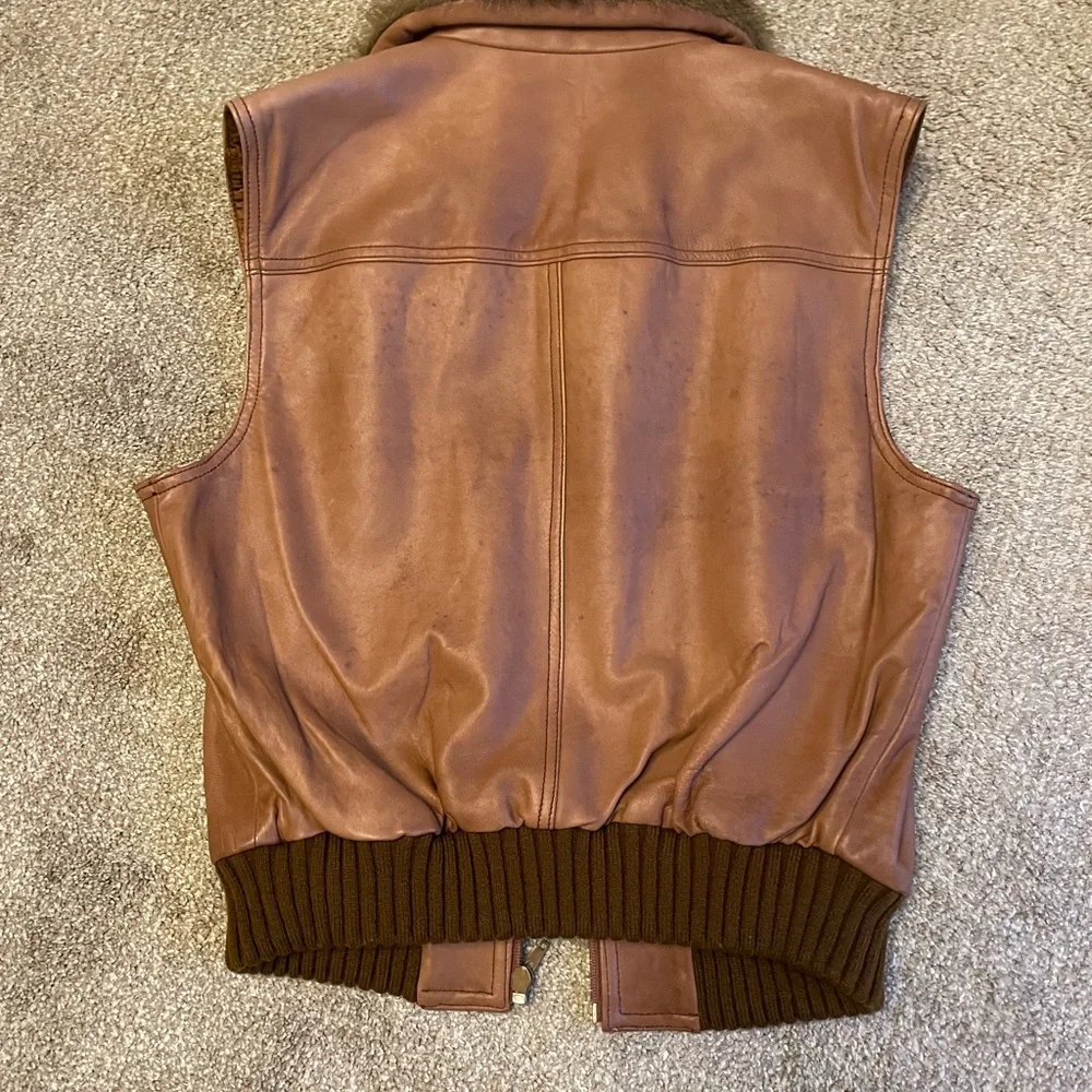 VTG Moda International Brown Leather Vest with Faux Fur Size M Aviator Bomber - Picture 8 of 13